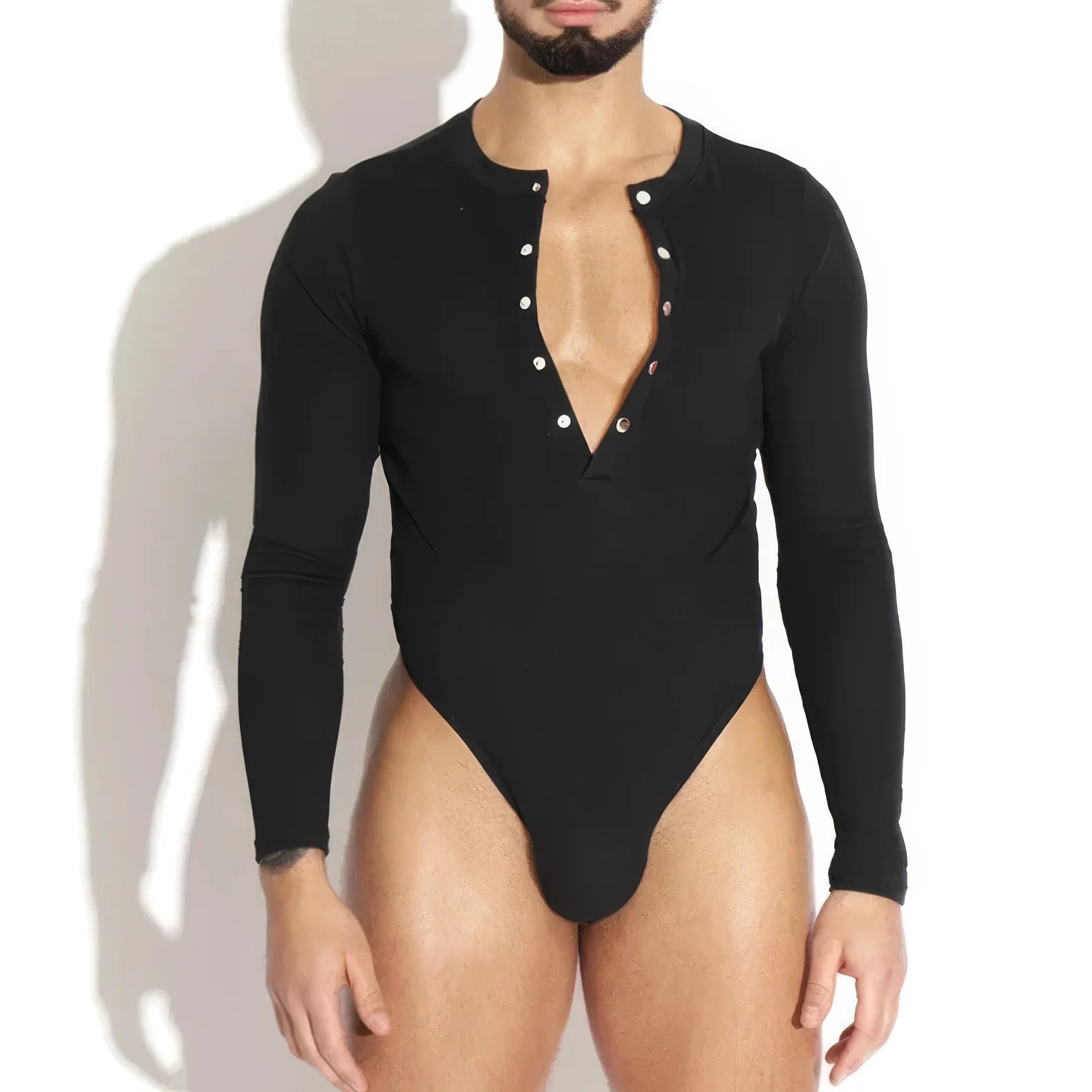 a muscle gay man in black gay bodysuit from Pridevoyageshop