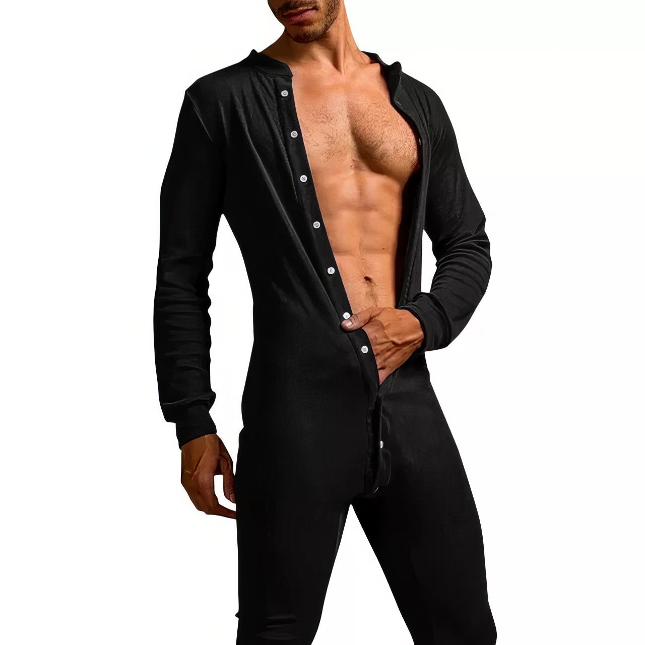 a hot muscle daddy wearing a black gay onesie pajamas from Pridevoyageshop