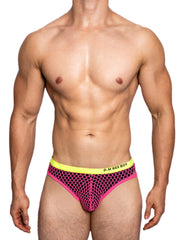 a sexy gay man in rose red DM Sexy Boy Fishnet Briefs - pridevoyageshop.com - gay men’s underwear and swimwear
