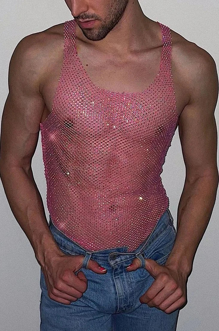a hot gay man in rose red Gay Club Outfits | Men's Glitter Mesh Tank Top: Fishnet Shirt