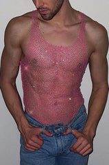 a hot gay man in rose red Gay Club Outfits | Men's Glitter Mesh Tank Top: Fishnet Shirt