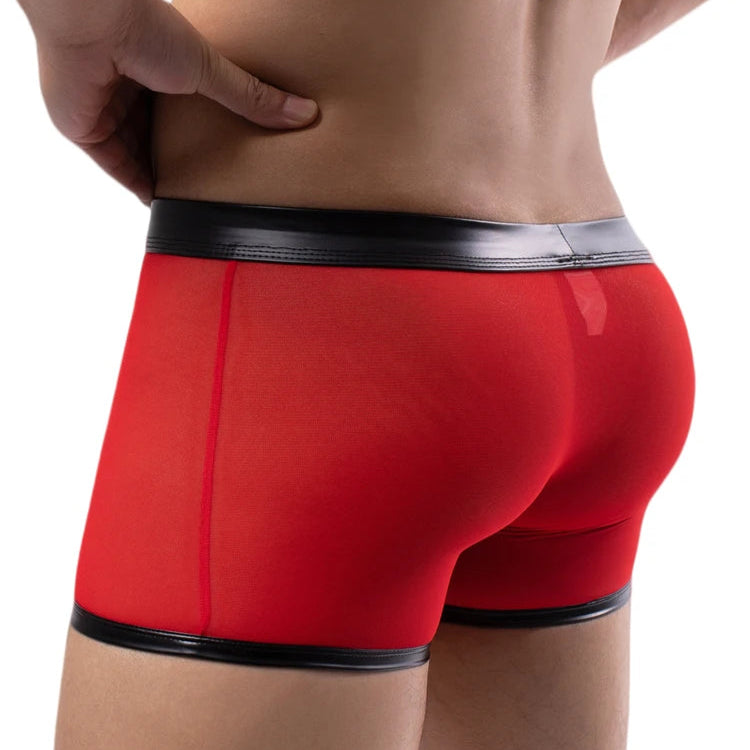 A hot man in Red Men’s Mesh & PU Leather Snap Boxer Shorts - pridevoyageshop.com - gay men’s thongs, boxers, briefs and jockstraps