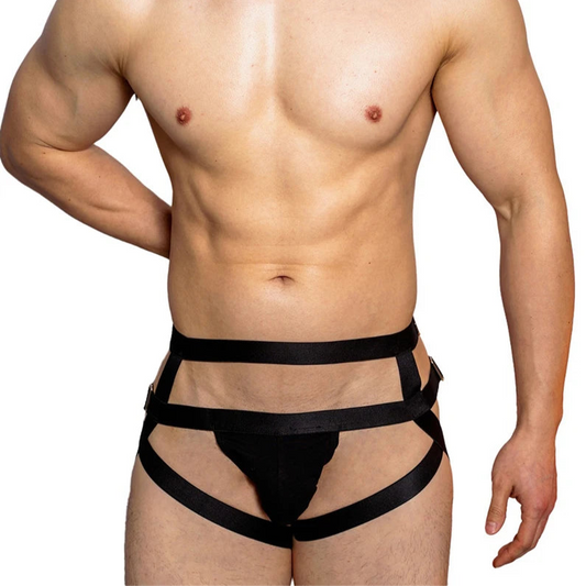 A sexy man in Black DM Men’s Bondage Stripper Thong - pridevoyageshop.com - gay men’s thongs, boxers, briefs and jockstraps