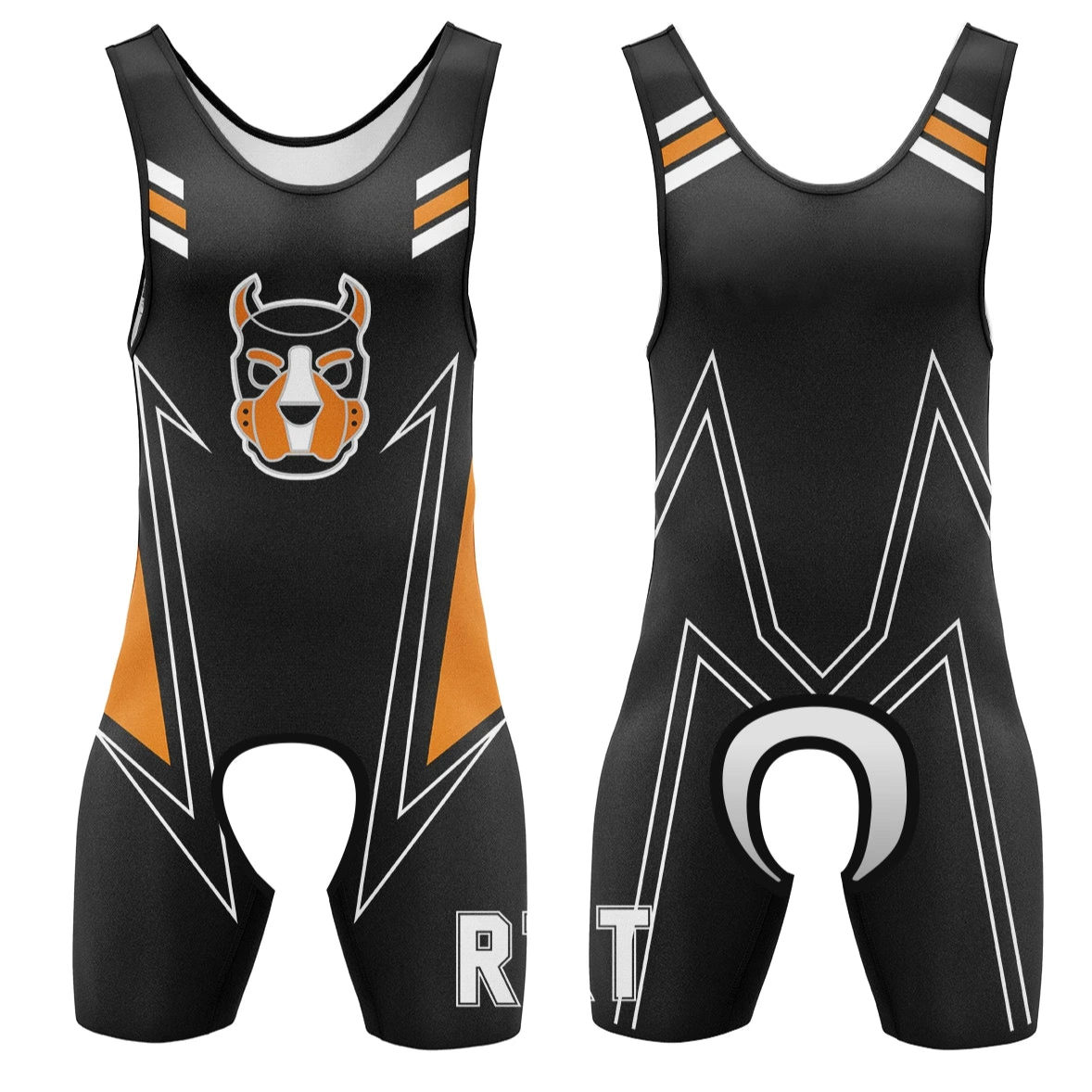 Black and orange Alpha Puppy Open-Crotch Wrestling Singlet from Pridevoyageshop
