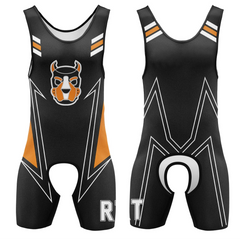Black and orange Alpha Puppy Open-Crotch Wrestling Singlet from Pridevoyageshop