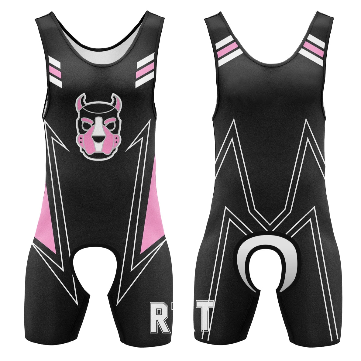 Black and pink Alpha Puppy Open-Crotch Wrestling Singlet from Pridevoyageshop