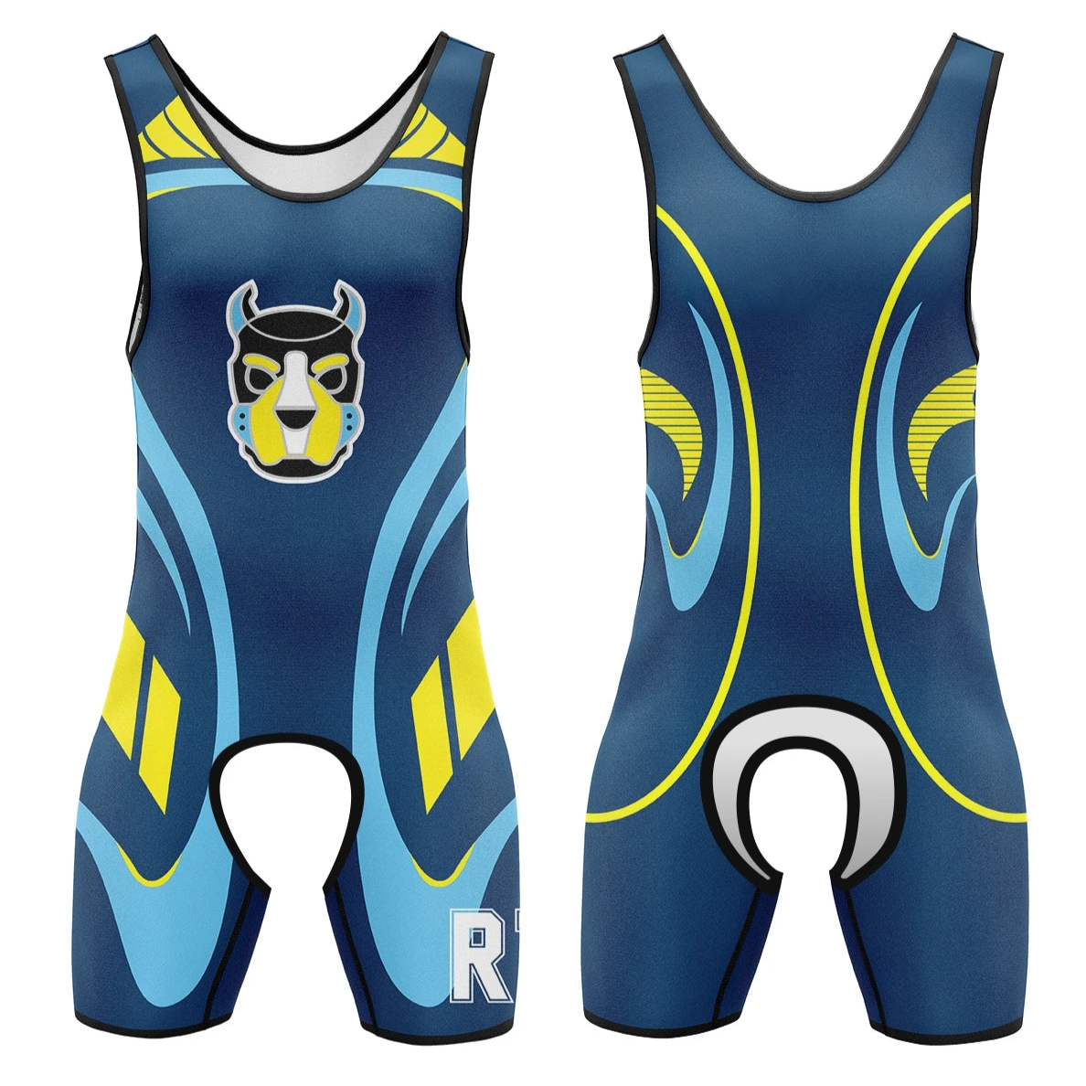 Blue and yellow Alpha Puppy Open-Crotch Wrestling Singlet from Pridevoyageshop