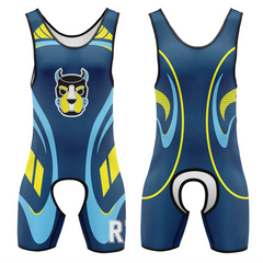 Blue and yellow Alpha Puppy Open-Crotch Wrestling Singlet from Pridevoyageshop