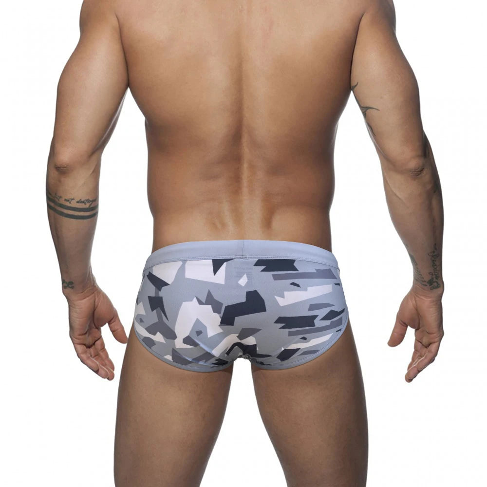 a sexy gay man in gray Men's Urban Camo Swim Briefs - pridevoyageshop.com - gay men’s underwear and swimwear