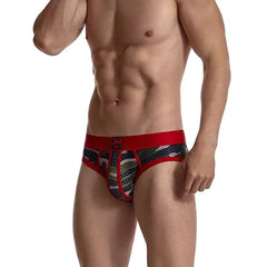 a hot gay man in red Jockmail Men's Mesh Camo Briefs - pridevoyageshop.com - gay men’s underwear and swimwear