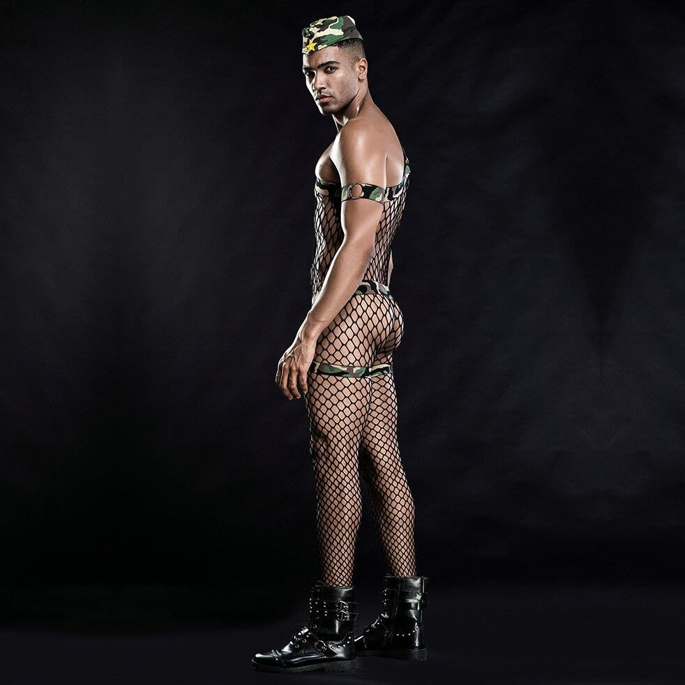 a hot gay man in Men's Camo Army Fishnet Costume | Gay Costume & Club Wear - pridevoyageshop.com - gay costumes, men role play outfits, gay party costumes and gay rave outfits