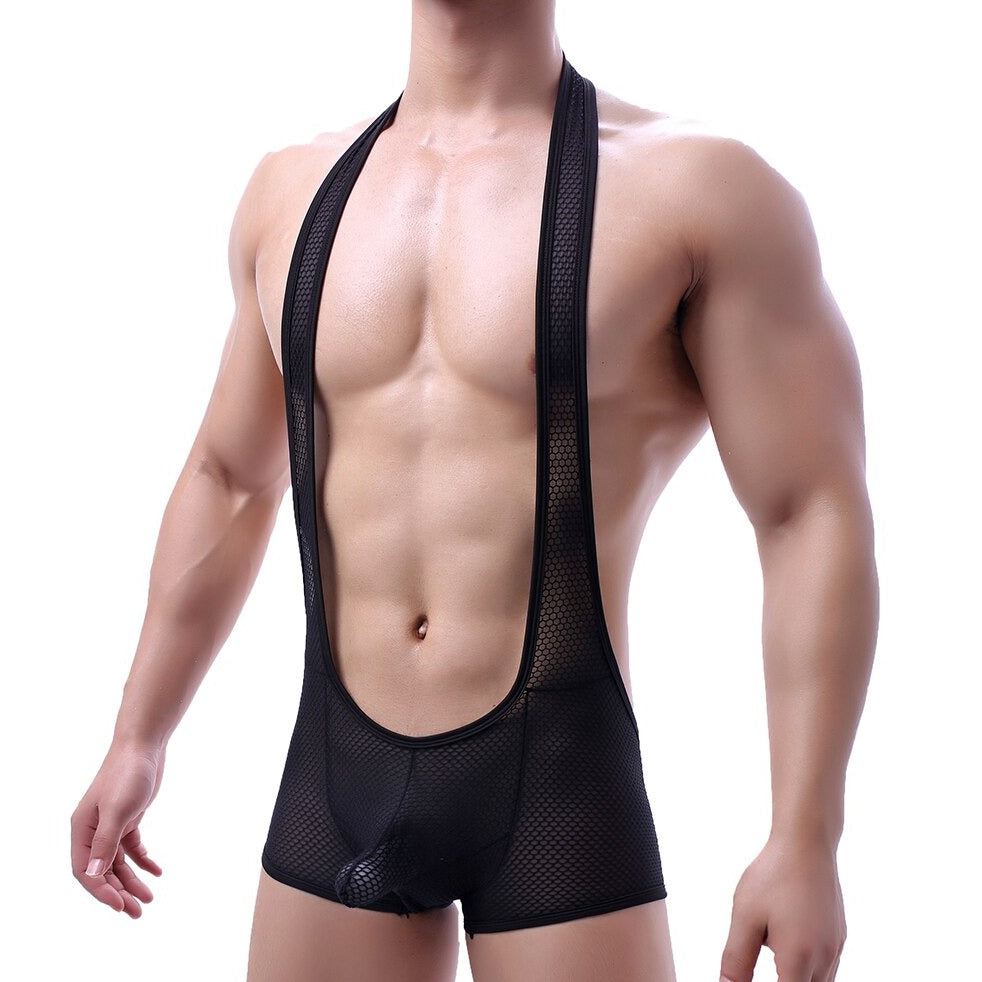 sexy gay man in black Gay Singlet and Bodysuit | Men's Cheeky Mesh Blackless Singlets - Men's Singlets, Bodysuits, Rompers & Jumpsuits - pridevoyageshop.com