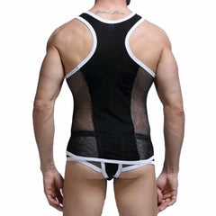 black Men's Racing Stripe Mesh Tank Top and Boxer Briefs Set - pridevoyageshop.com - gay men’s underwear and swimwear
