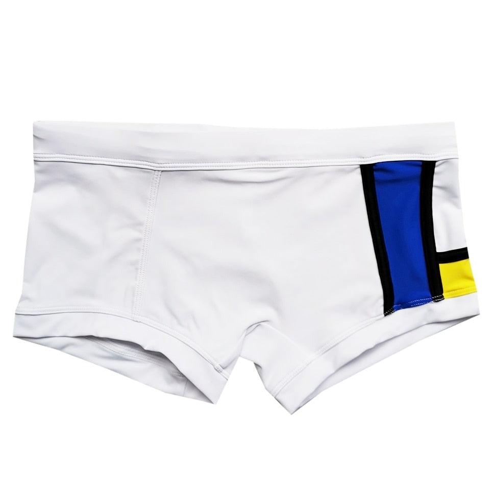 details of Gay Swimwear & Beachwear | Piet Mondrian Art Deco Swim Trunks - pridevoyageshop.com - gay men’s underwear and swimwear
