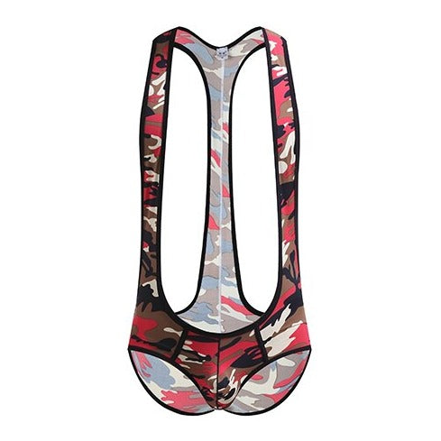Coffee Red Gay Bodysuit and Singlet | Men's Kinky Camo Wrestling Bodysuit - Men's Singlets, Bodysuits, Leotard & Unitard - pridevoyageshop.com
