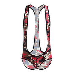 Coffee Red Gay Bodysuit and Singlet | Men's Kinky Camo Wrestling Bodysuit - Men's Singlets, Bodysuits, Leotard & Unitard - pridevoyageshop.com