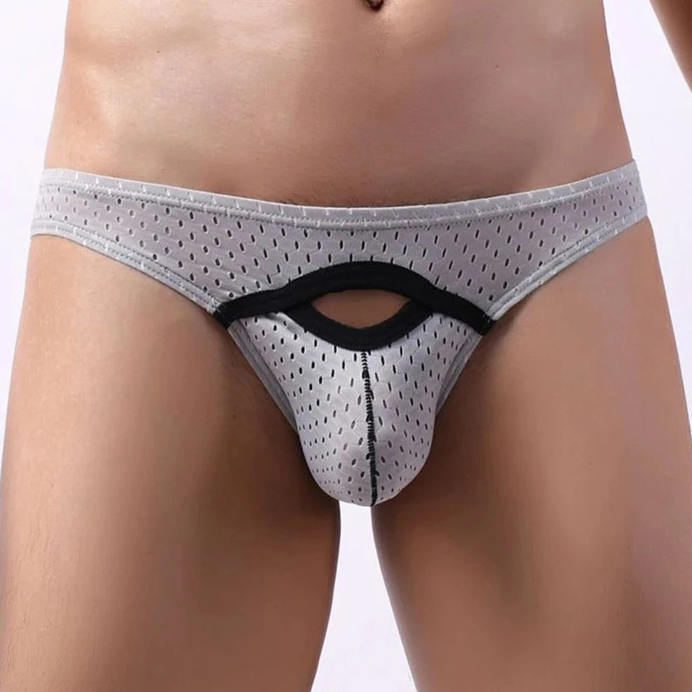 a sexy gay man in Light gray Men's Hollow Mesh Briefs - pridevoyageshop.com - gay men’s underwear and swimwear