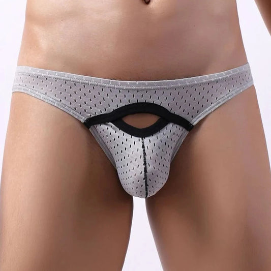 a sexy gay man in Light gray Men's Hollow Mesh Briefs - pridevoyageshop.com - gay men’s underwear and swimwear