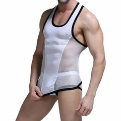 white Men's Racing Stripe Mesh Tank Top and Boxer Briefs Set - pridevoyageshop.com - gay men’s underwear and swimwear