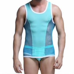 blue Men's Racing Stripe Mesh Tank Top and Boxer Briefs Set - pridevoyageshop.com - gay men’s underwear and swimwear