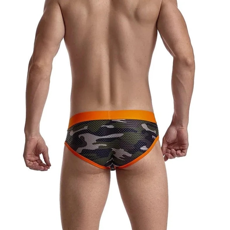 a hot gay man in orange Jockmail Men's Mesh Camo Briefs - pridevoyageshop.com - gay men’s underwear and swimwear