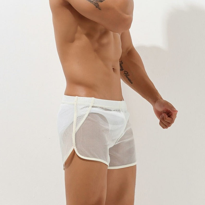 sexy gay man in white Gay Swimwear | Men's Sheer Swim Trunks - pridevoyageshop.com - gay men’s underwear and swimwear