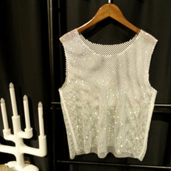 white Gay Club Outfits | Men's Glitter Mesh Tank Top: Fishnet Shirt