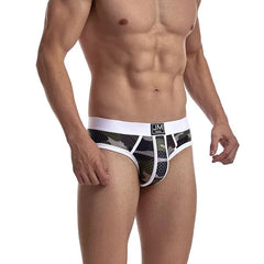 a hot gay man in white Jockmail Men's Mesh Camo Briefs - pridevoyageshop.com - gay men’s underwear and swimwear