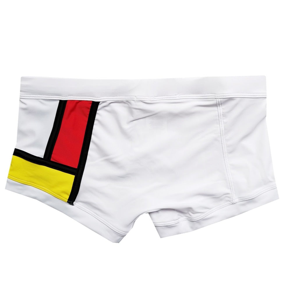 details of Gay Swimwear & Beachwear | Piet Mondrian Art Deco Swim Trunks - pridevoyageshop.com - gay men’s underwear and swimwear