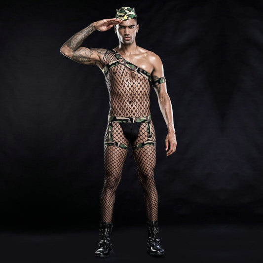 a hot gay man in Men's Camo Army Fishnet Costume | Gay Costume & Club Wear - pridevoyageshop.com - gay costumes, men role play outfits, gay party costumes and gay rave outfits