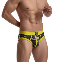 a hot gay man in yellow Jockmail Men's Mesh Camo Briefs - pridevoyageshop.com - gay men’s underwear and swimwear