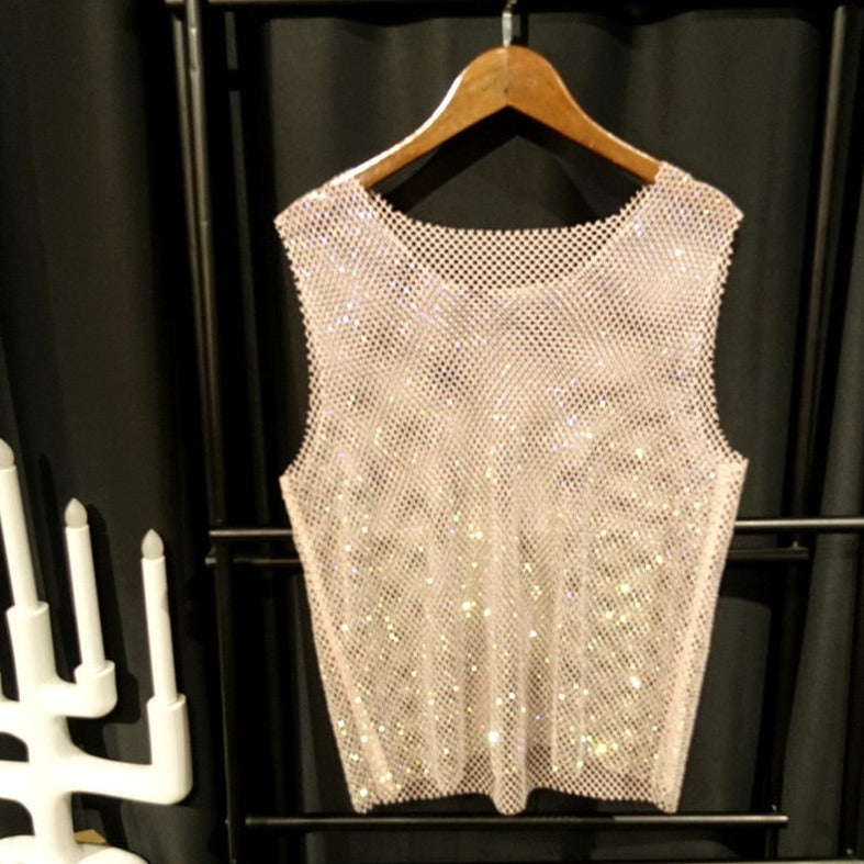 pink Gay Club Outfits | Men's Glitter Mesh Tank Top: Fishnet Shirt