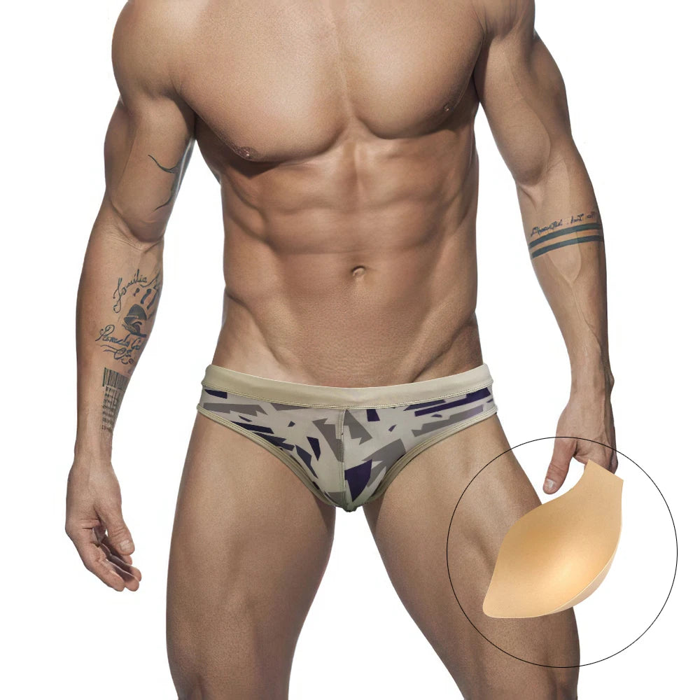 a sexy gay man in tan Men's Urban Camo Swim Briefs - pridevoyageshop.com - gay men’s underwear and swimwear
