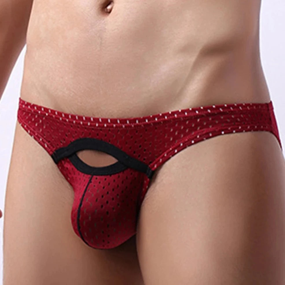 a sexy gay man in Claret Men's Hollow Mesh Briefs - pridevoyageshop.com - gay men’s underwear and swimwear
