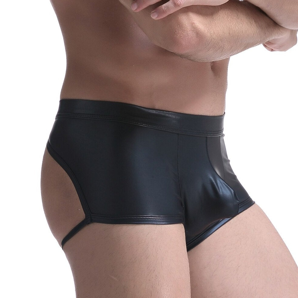 sexy man in Kinky Backless PU Leather Boxers | Gay Underwear- pridevoyageshop.com - gay men’s underwear and swimwear