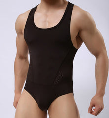 sexy gay man in khaki Gay Bodysuit and Singlet | Brave Person Mesh Bodysuits - Men's Singlets, Bodysuits, Leotard & Unitard - pridevoyageshop.com