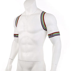 Front of Rainbow Pride Elastic Chest Harness: Men's Sexy Clubwear and Lingerie- pridevoyageshop.com - gay men’s harness, lingerie and fetish wear