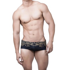 a hot gay man in Gold Fleur de Lis Square Cut Swim Trunks - pridevoyageshop.com - gay men’s underwear and swimwear