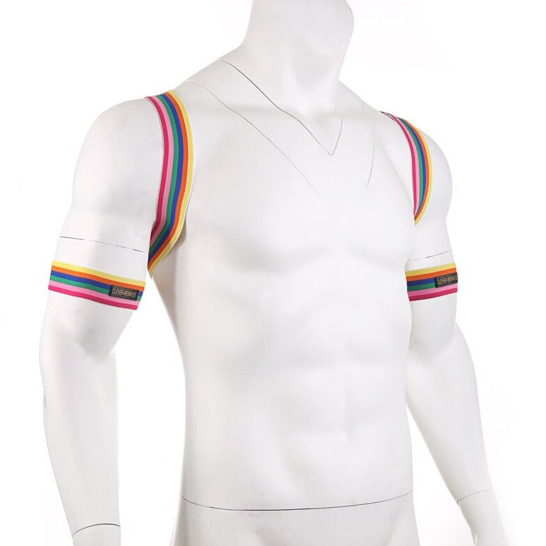 Front of Rainbow Pride Elastic Chest Harness: Men's Sexy Clubwear and Lingerie- pridevoyageshop.com - gay men’s harness, lingerie and fetish wear