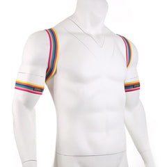 Front of Rainbow Pride Elastic Chest Harness: Men's Sexy Clubwear and Lingerie- pridevoyageshop.com - gay men’s harness, lingerie and fetish wear