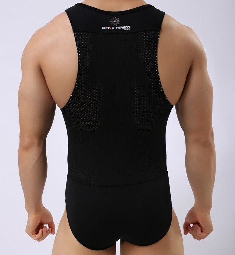 sexy gay man in black Gay Bodysuit and Singlet | Brave Person Mesh Bodysuits - Men's Singlets, Bodysuits, Leotard & Unitard - pridevoyageshop.com