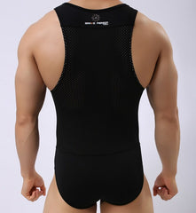 sexy gay man in black Gay Bodysuit and Singlet | Brave Person Mesh Bodysuits - Men's Singlets, Bodysuits, Leotard & Unitard - pridevoyageshop.com