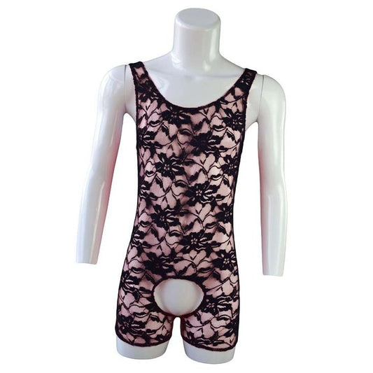 black Gay Singlet and Bodysuit | Men's Open Crotch Lace Singlet - Men's Singlets, Bodysuits, Leotard & Unitard - pridevoyageshop.com