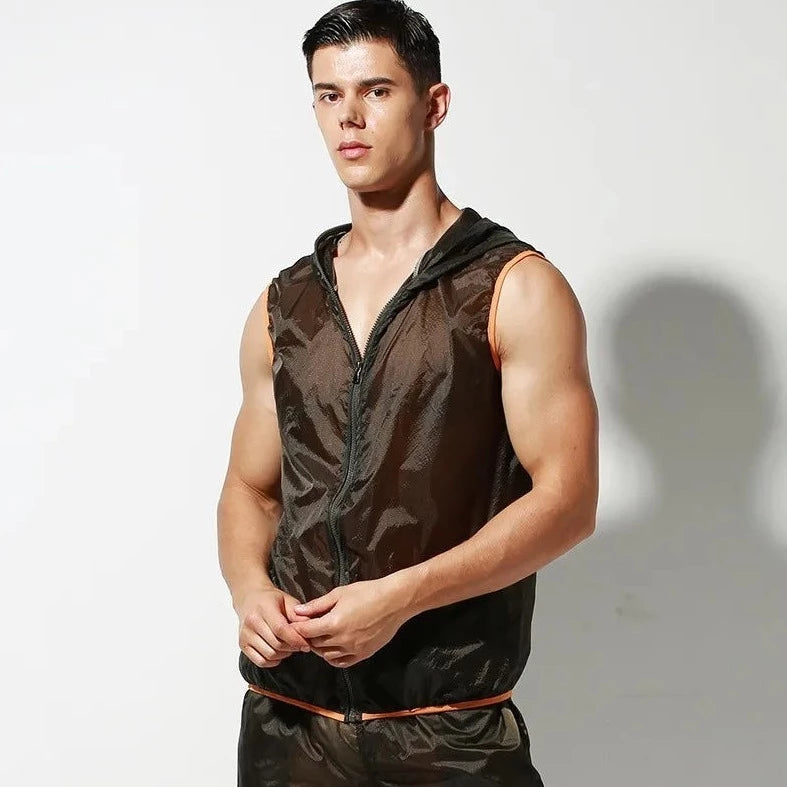 a handsome guy in Army Green Vest Men's Transparent Racing Stripe Sleeveless Hoodie + Pants - pridevoyageshop.com - gay men’s underwear and swimwear