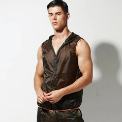 a handsome guy in Army Green Vest Men's Transparent Racing Stripe Sleeveless Hoodie + Pants - pridevoyageshop.com - gay men’s underwear and swimwear