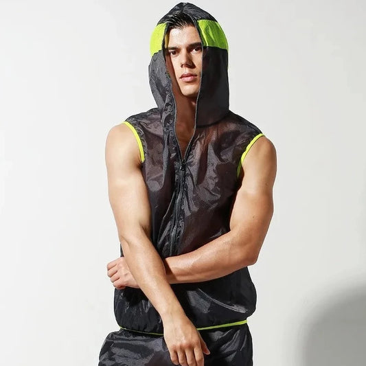 a handsome guy in Dark Gray Vest Men's Transparent Racing Stripe Sleeveless Hoodie + Pants - pridevoyageshop.com - gay men’s underwear and swimwear