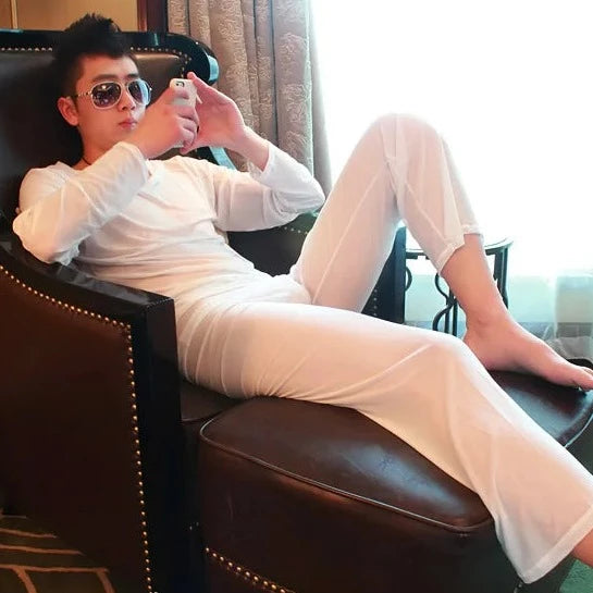 white Men's Sheer Pajamas Sleepwear with Hoodie - pridevoyageshop.com - gay men’s underwear and swimwear