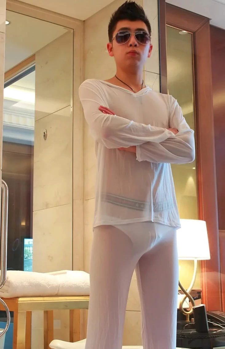 white Men's Sheer Pajamas Sleepwear with Hoodie - pridevoyageshop.com - gay men’s underwear and swimwear