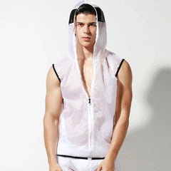 a handsome guy in White Vest Men's Transparent Racing Stripe Sleeveless Hoodie + Pants - pridevoyageshop.com - gay men’s underwear and swimwear