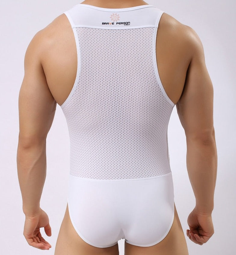 sexy gay man in white Gay Bodysuit and Singlet | Brave Person Mesh Bodysuits - Men's Singlets, Bodysuits, Leotard & Unitard - pridevoyageshop.com